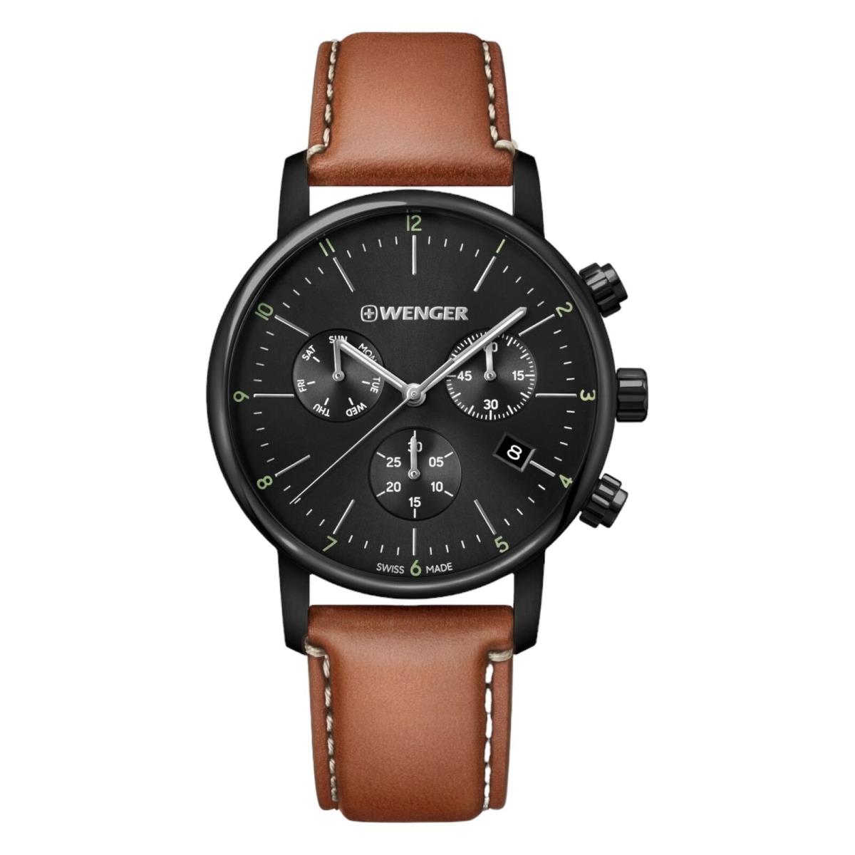 Wenger Swiss Army Men`s 01.1743.115 Urban Classic Chrono Black Dial Watch 44mm - Dial: Black, Band: Brown, Bezel: Black