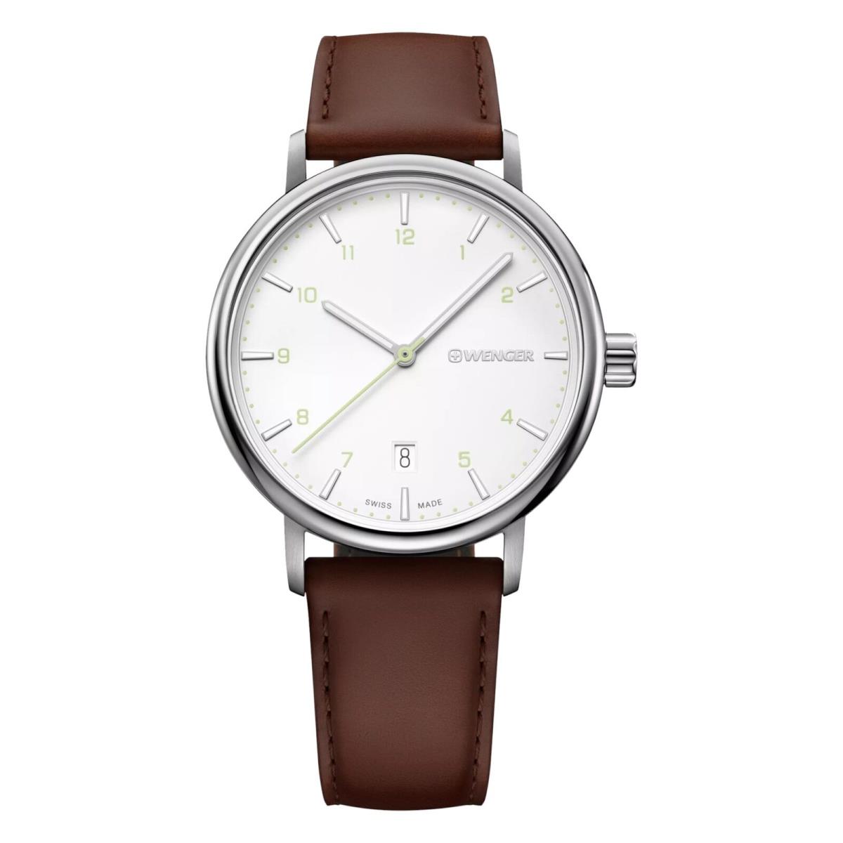 Wenger Swiss Army Men`s 01.1731.117 Urban Classic White Dial Watch 40 mm - Dial: White, Band: Brown, Bezel: Silver