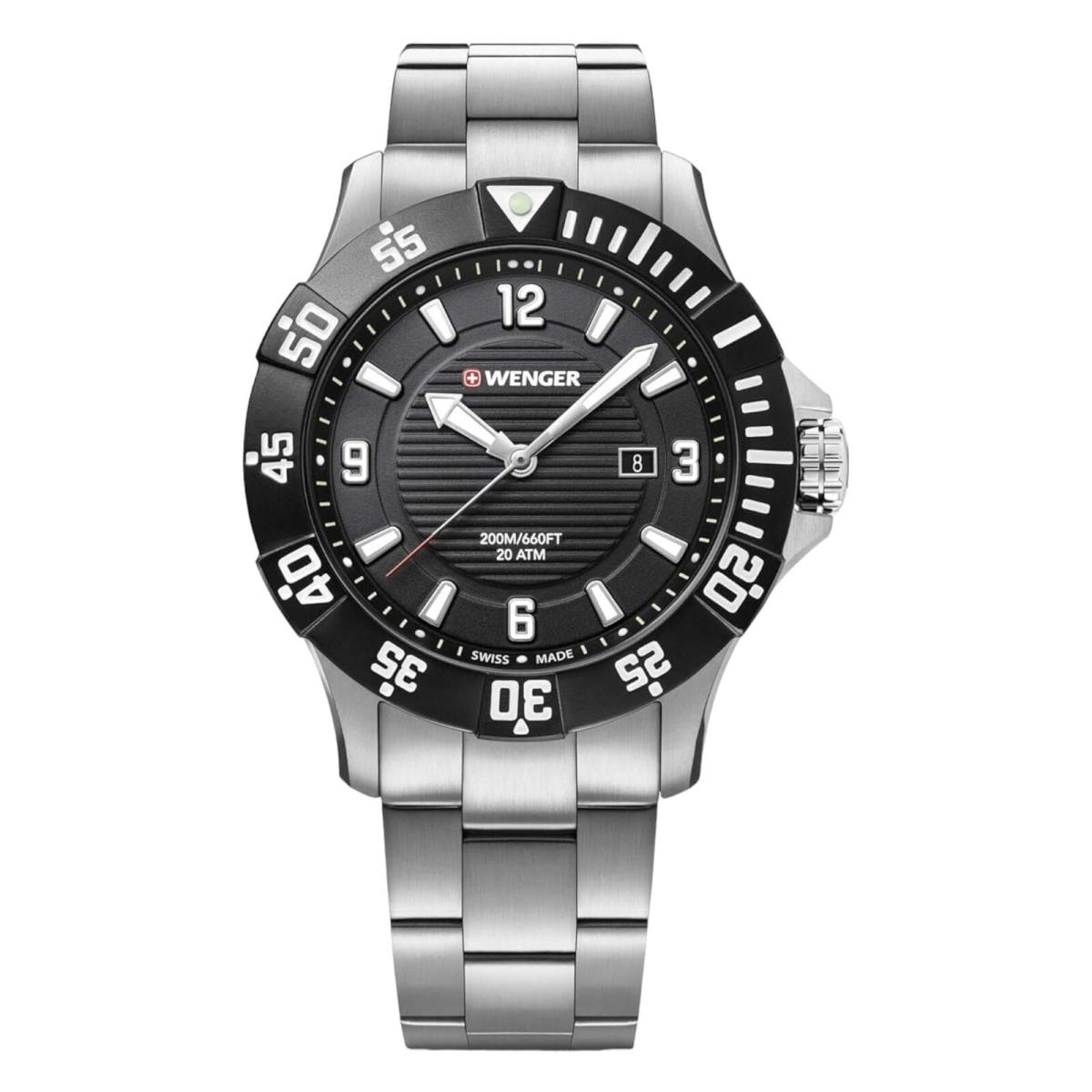 Wenger Swiss Army Men`s 01.0641.131 Seaforce Black Dial Watch 43mm - Dial: Black, Band: Silver, Bezel: Black