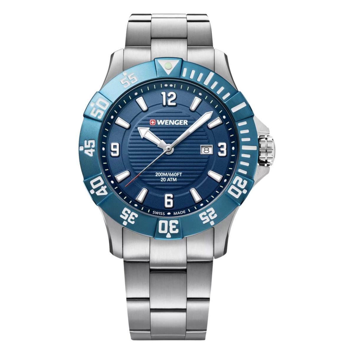 Wenger Swiss Army Men`s 01.0641.133 Seaforce Blue Dial Watch 43mm - Dial: Blue, Band: Silver, Bezel: Blue