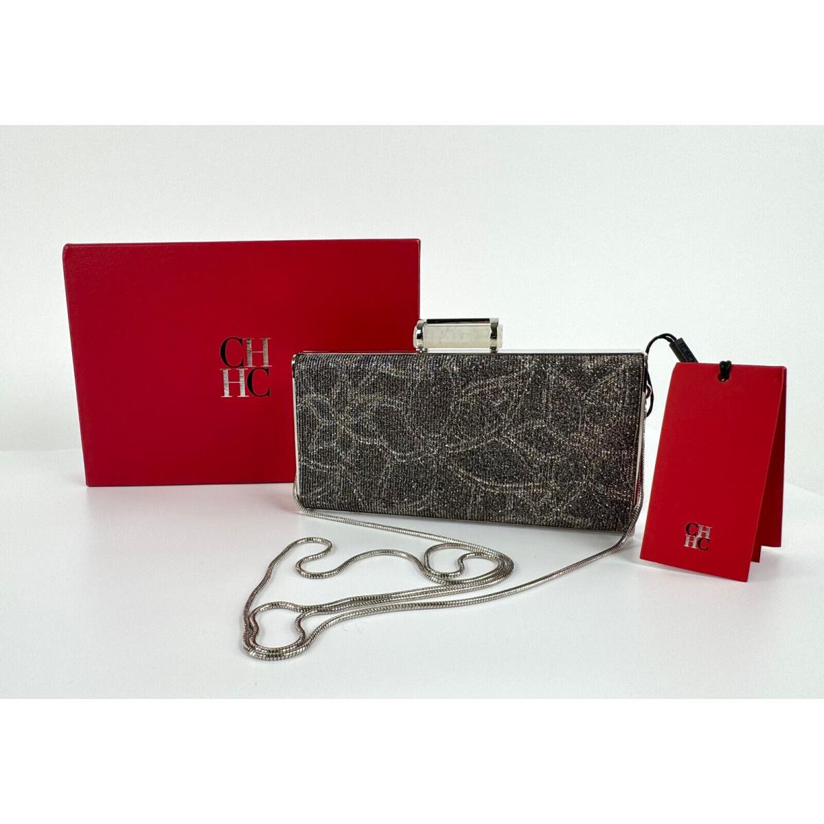 Carolina Herrera CH Silver Gold Metal Rectangle Clutch Metallic Sparkle Box