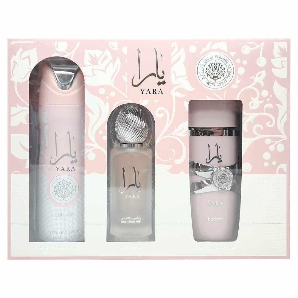 Lattafa Yara 3 Piece Gift Set with 3.4oz Edp Spray + Deodorant + Hairmist