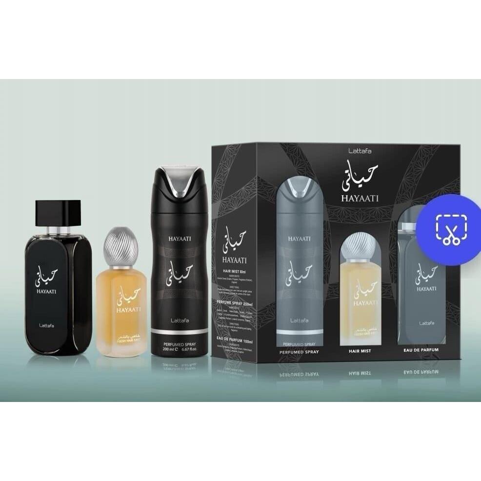 Lattafa Hayaati Black 3pc Set: 3.4oz Edp Spray + 1.7oz Hair Mist + 6.7oz Body