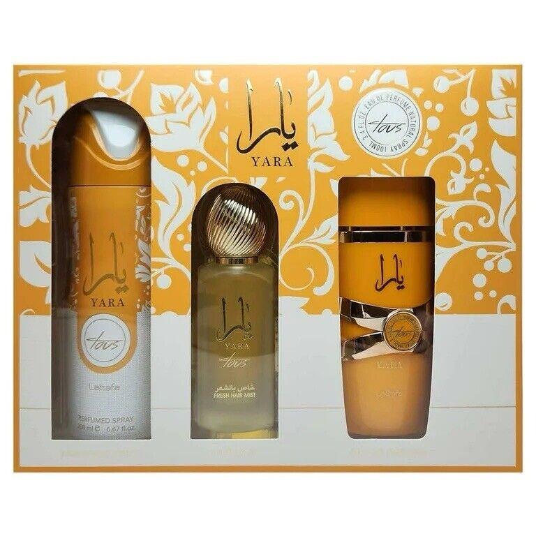 Lattafa Yara Tous Collection Gift Set: 3.4 Edp + 50 ML Hair Mist + 200 ML Body Spray