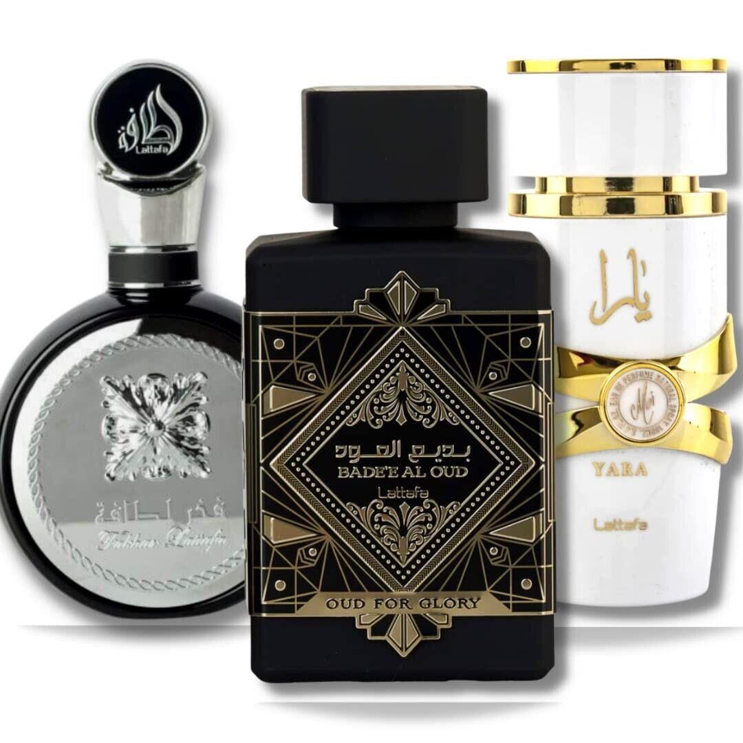 Lattafa Perfumes Bade`e Al Oud Oud For Glory + Fakhar For Men + Yara Moi 3.4 oz