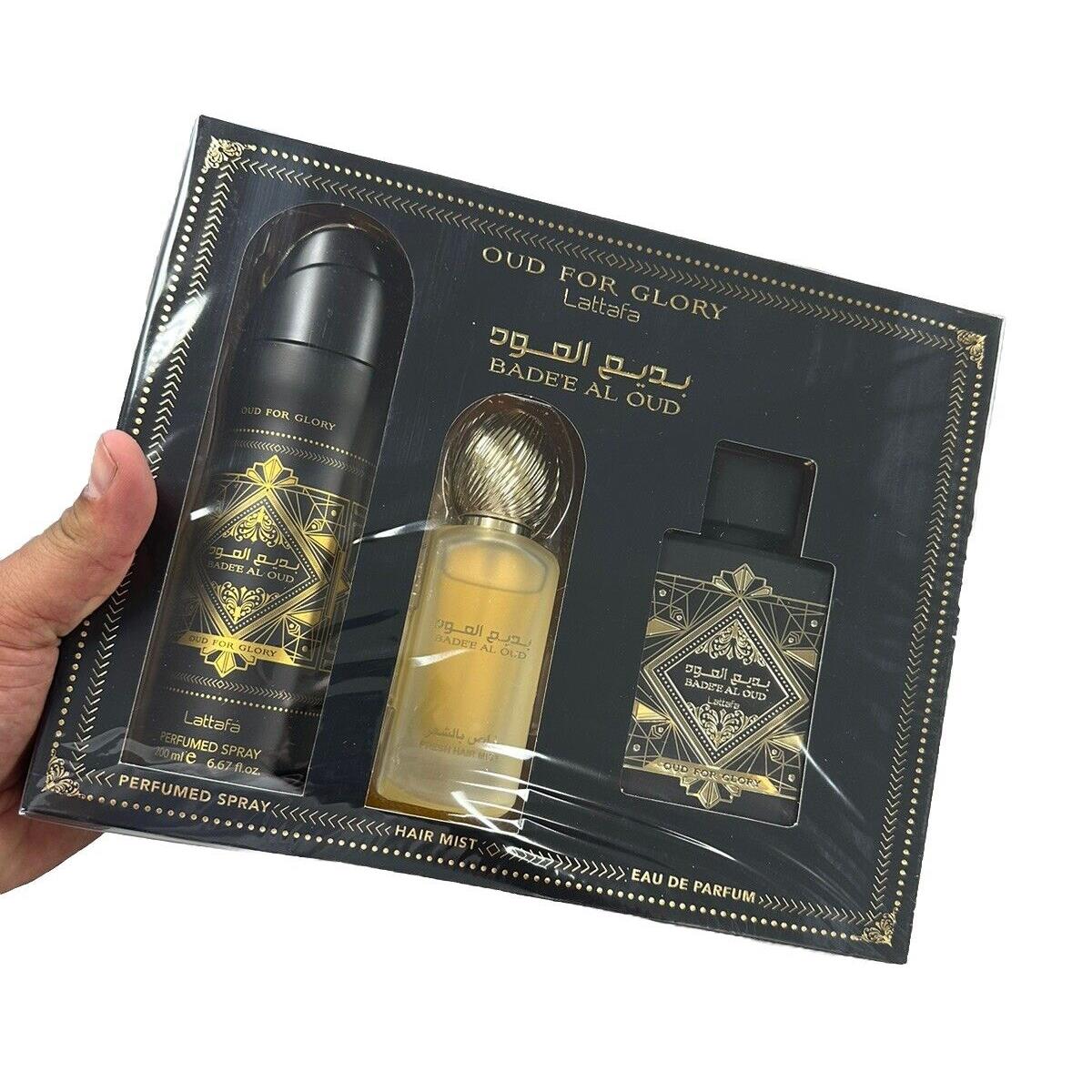 Lattafa Bade e Al Oud Collection Gift Set: 3.4 Edp + 50ML Hair Mist + 200ML Body Spray