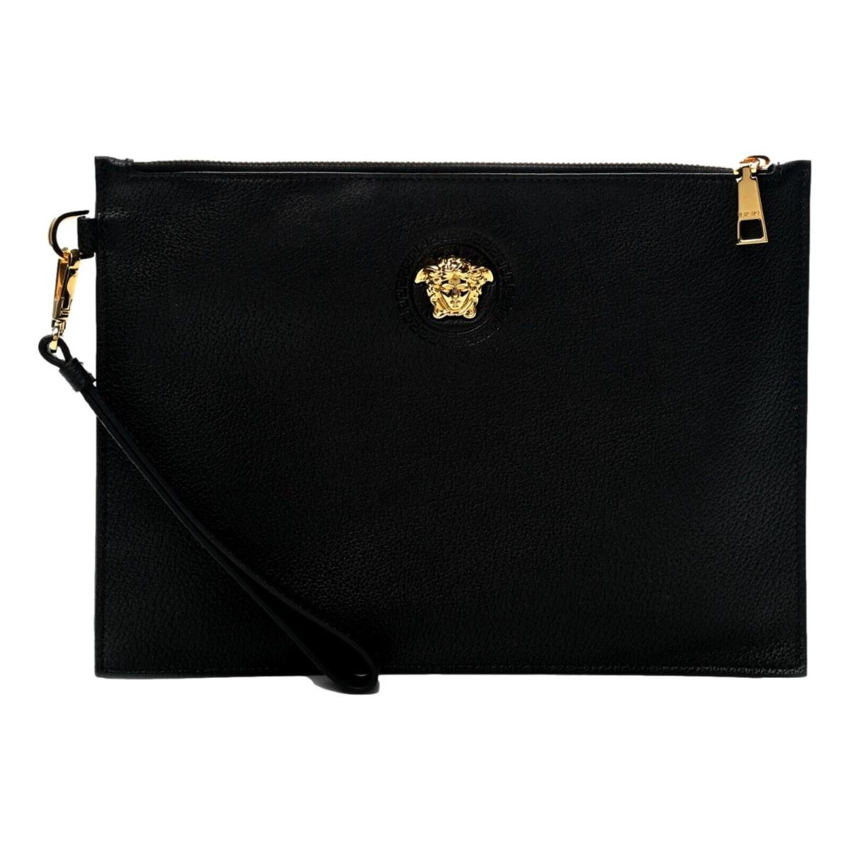 Versace Medusa Zip Pouch Wristlet Black Smooth Calfskin Leather