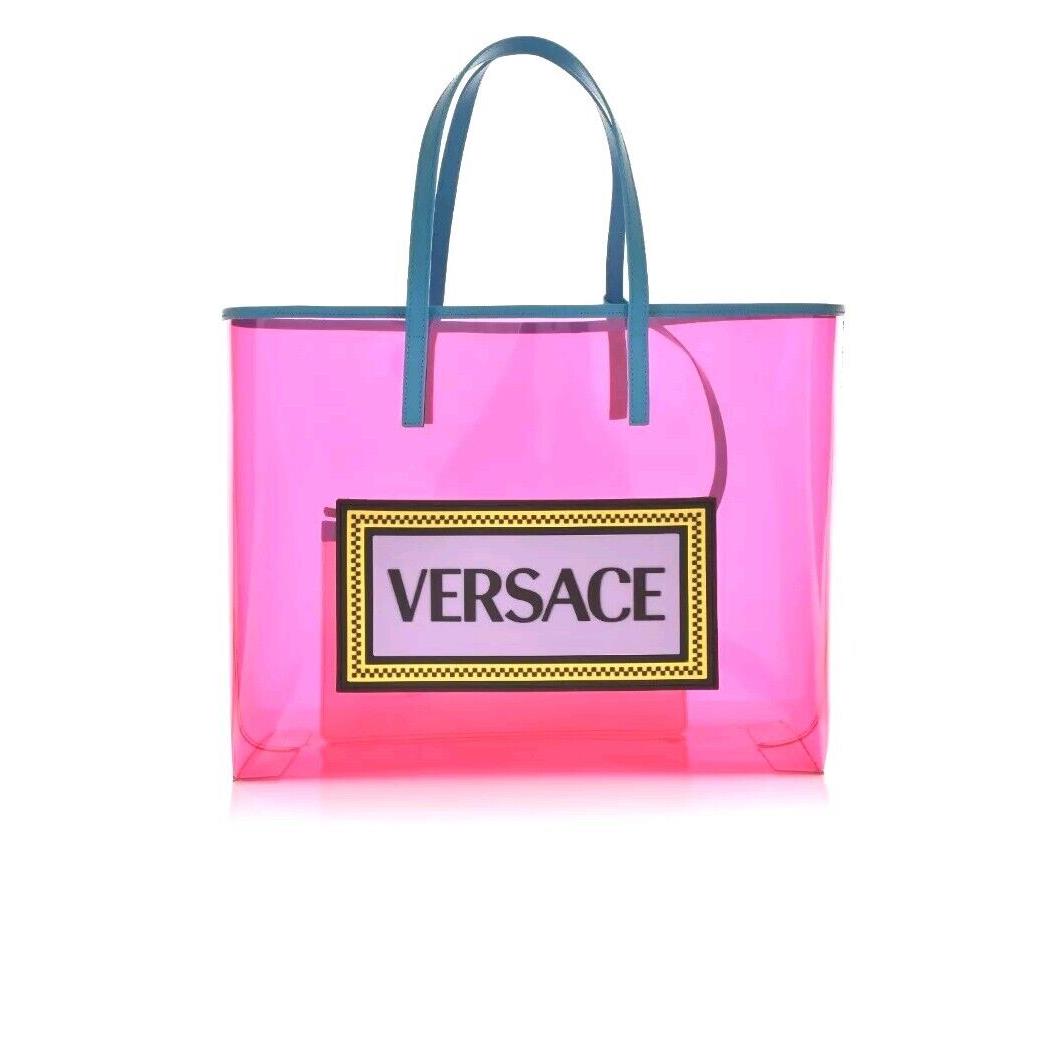 Versace 90`s Vintage Logo Soft Tote Pink Clear Vinyl Blue Calfsk