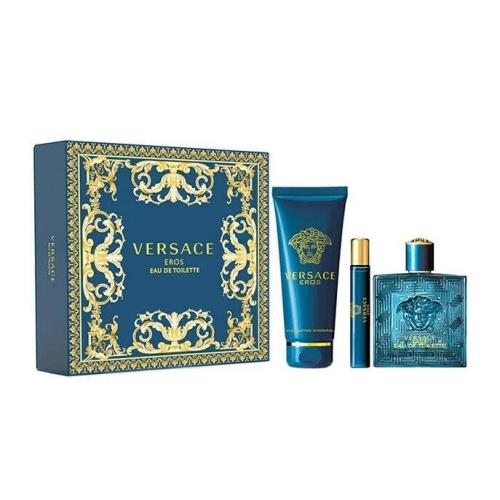 Versace Eros Men 3 Pieces Set 3.4 oz 0.33 oz Edt Spray 5.0 oz Shower Gel