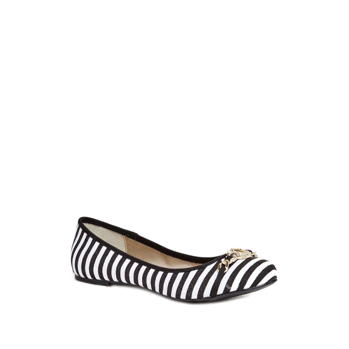 Guess Karlyn Black White Canvas Stripes G Gold Crystal Logo Ballet Flats Shoes