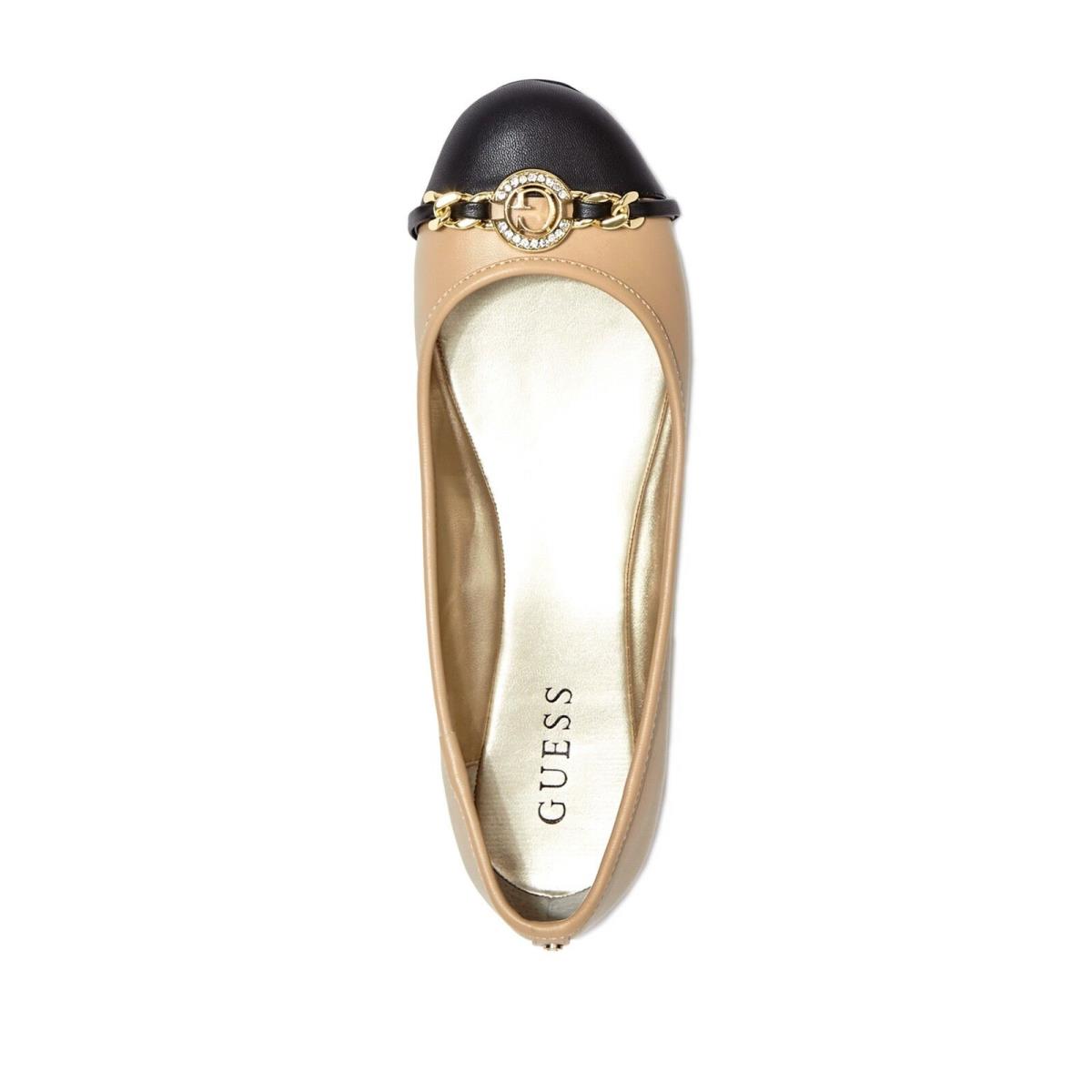 Guess Karlyn Beige+black Leatherette Crystal G Gold Logo Ballet Flats Shoes