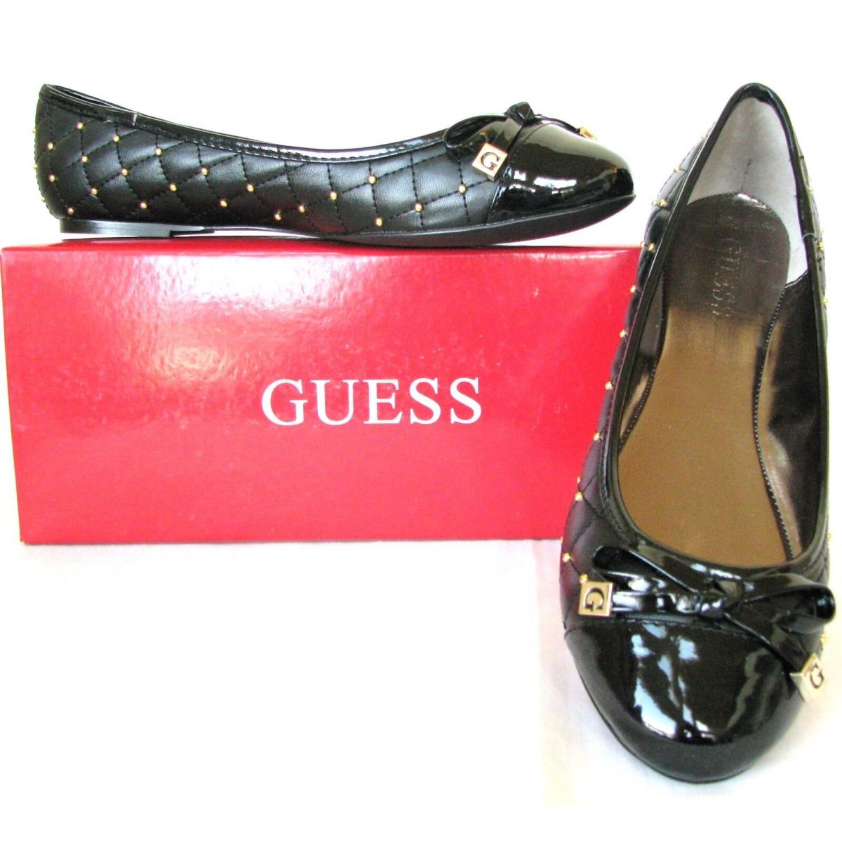 New-guess Georgia Black Leatherette+patent Bow Toe Cap Stud Ballet Flats Shoes