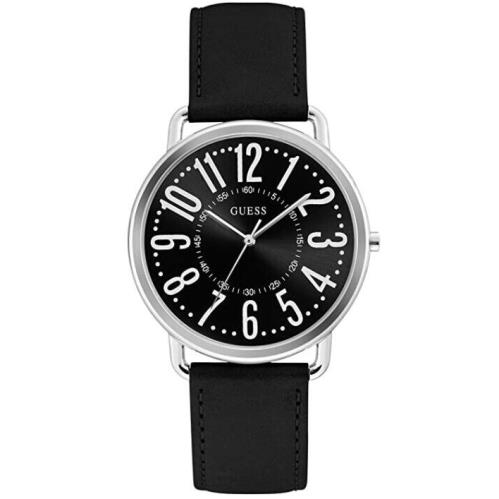 Guess 40mm Black Dial Easy Reader Black Leather Strap Unisex Steel Watch U1068L3