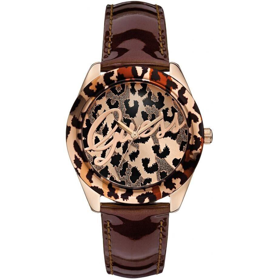 Guess Brown Leather Leopard Print Design Rose Gold Tone Women`s Watch W0455L3