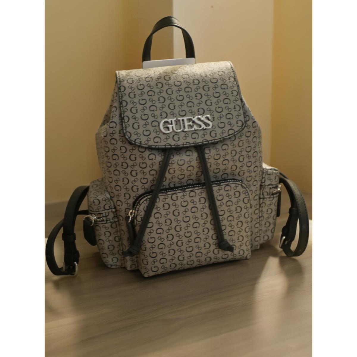 Small Guess Black Logo Backpack Drawstring Bethesda Side Pockets