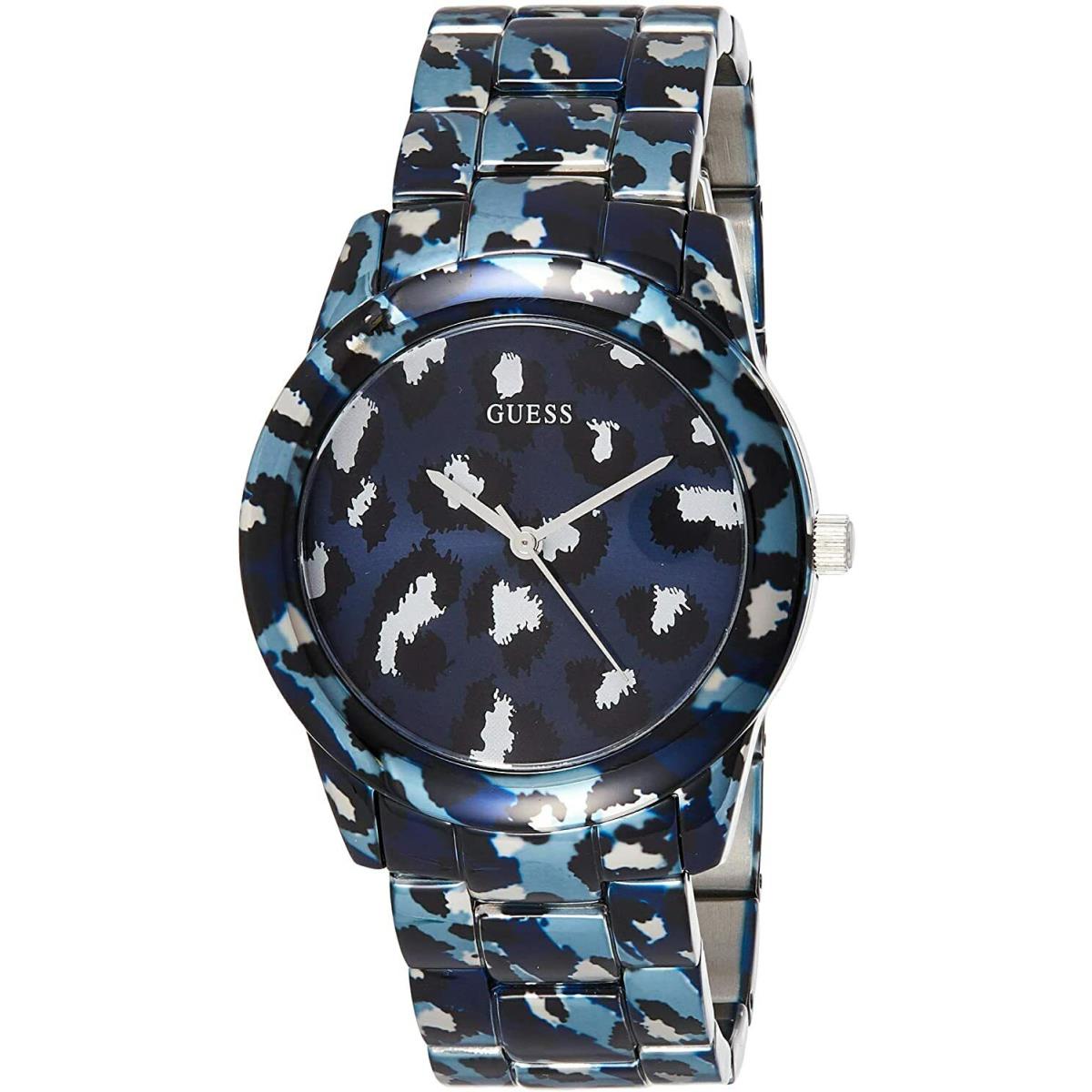 Guess Womens Blue Leopard Cheetah Animal Print Stainless Steel Watch 38mm + Box