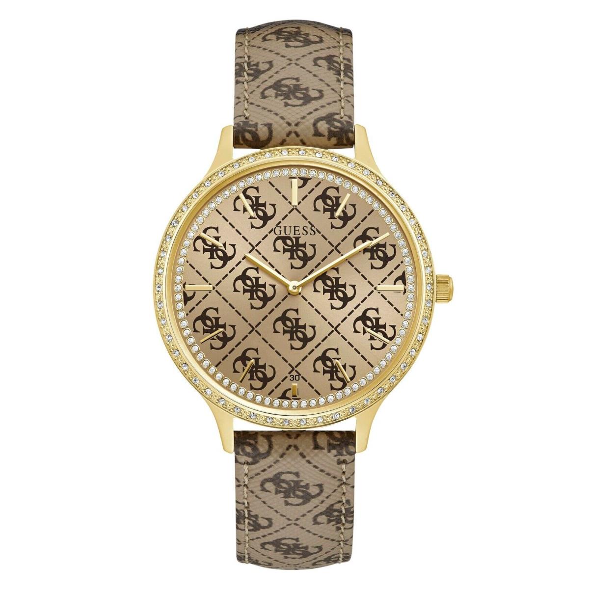 Guess Gold-tone Brown Leather Crystal Logo Embossed Watch U1229L2