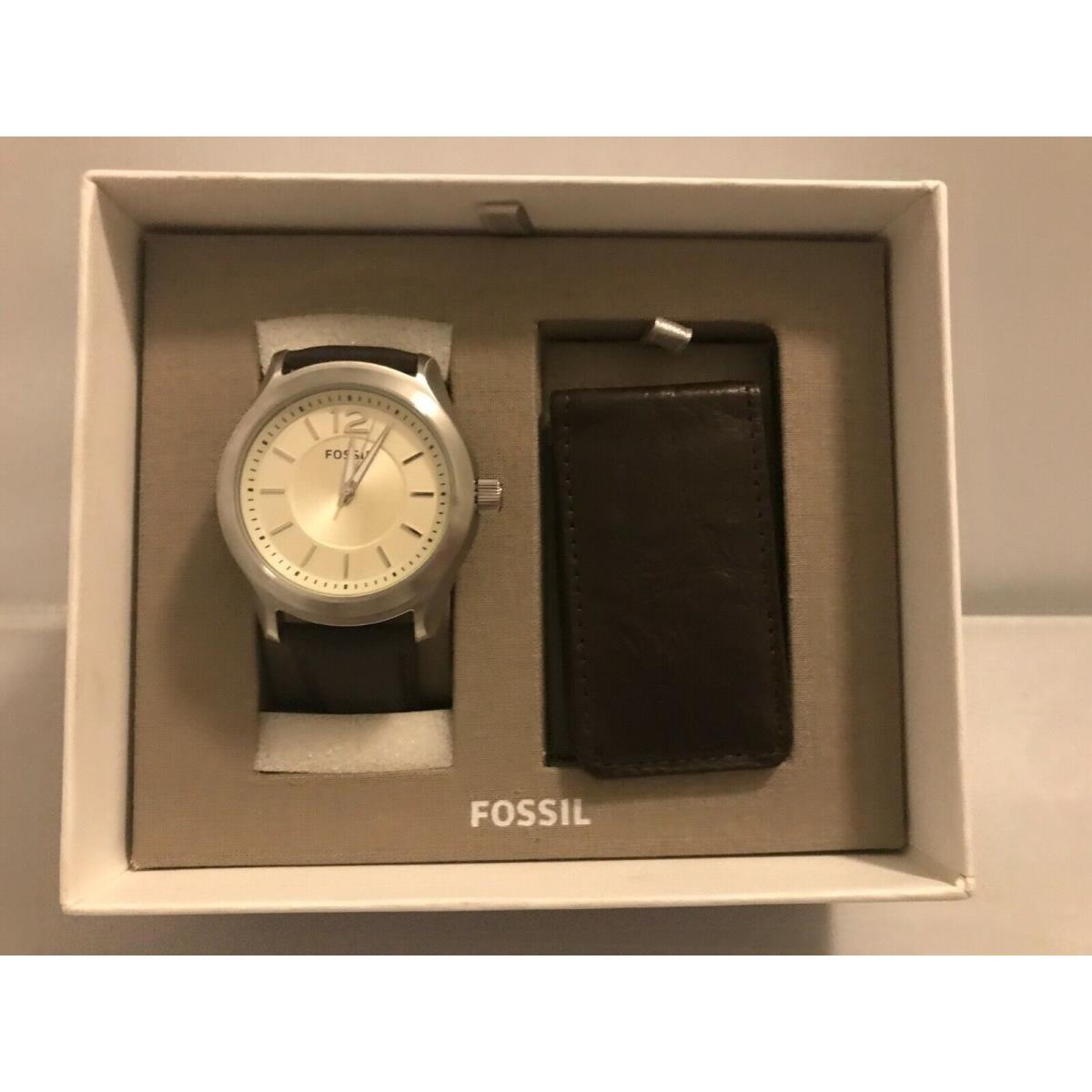 Fossil BQ2338 Editor Three-hand Brown Leather Watch and Wallet Box Set