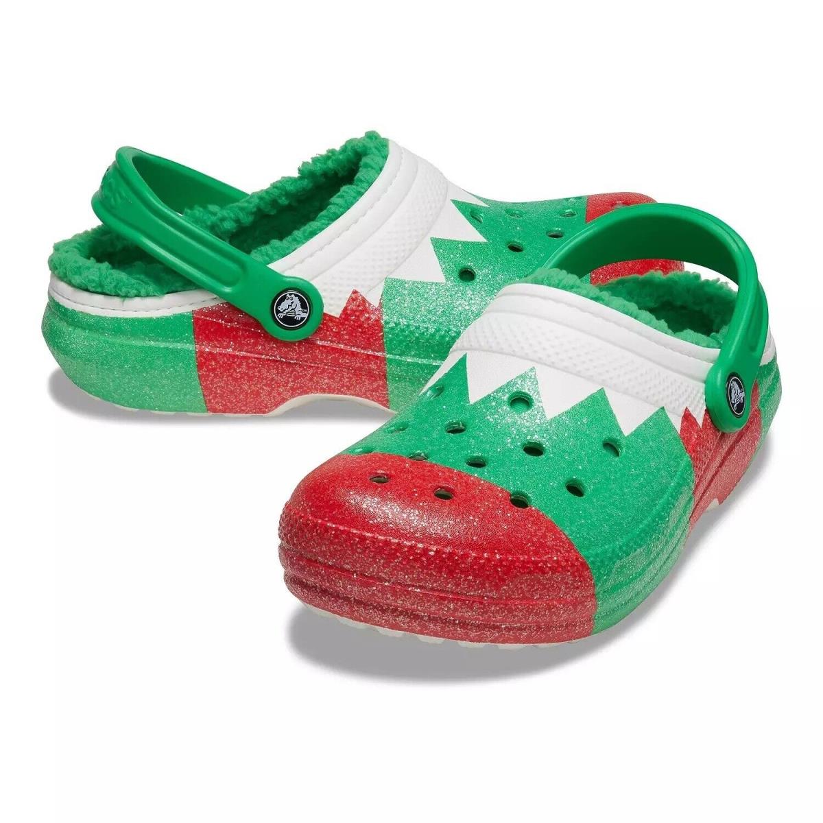 Crocs Classic Holiday Christmas Elf Cozy Glitter Fur Lined Clogs Womens 7 Mens 5 - Green