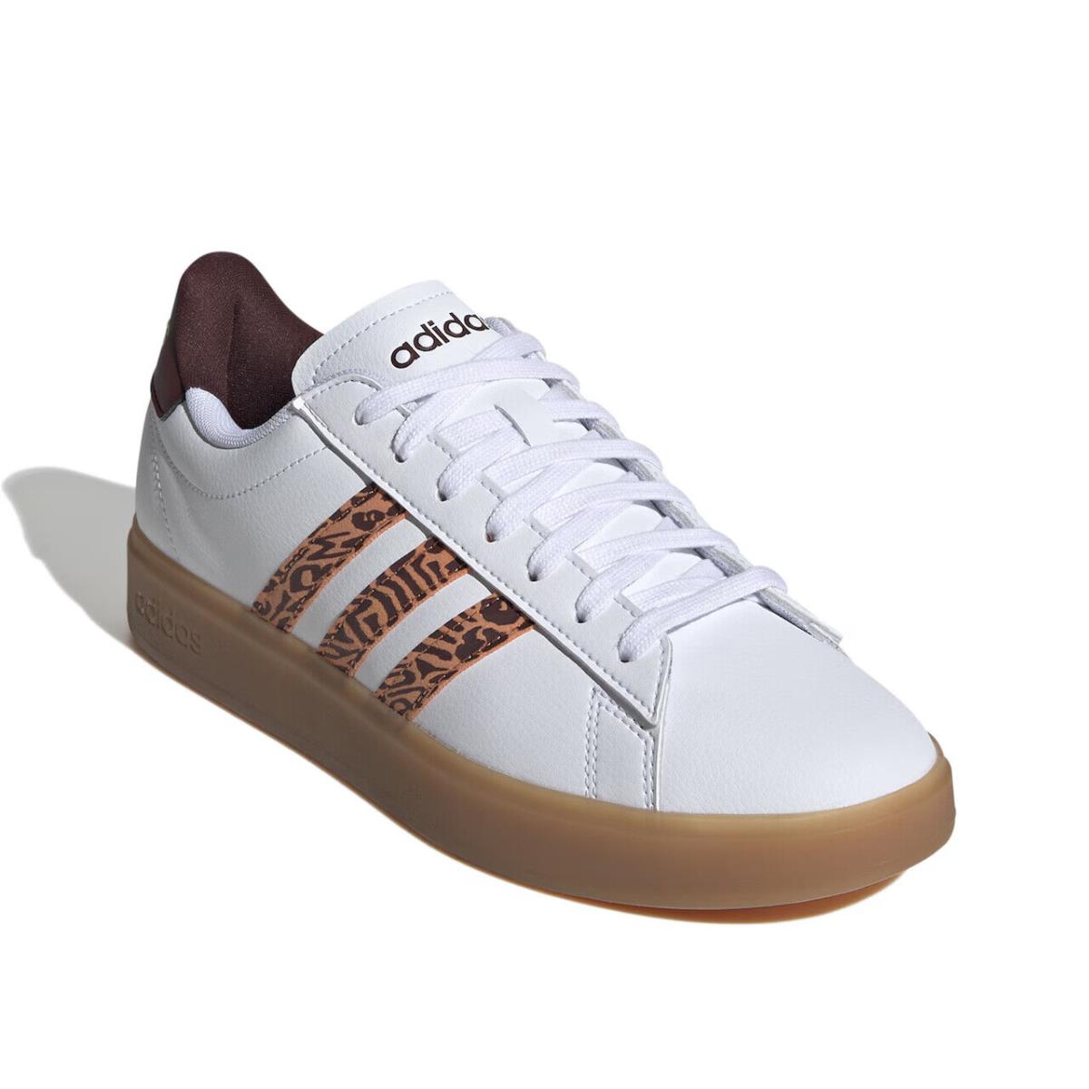 Womens Adidas Grand Court 2.0 White Brown Leather Sneaker Shoes - Brown