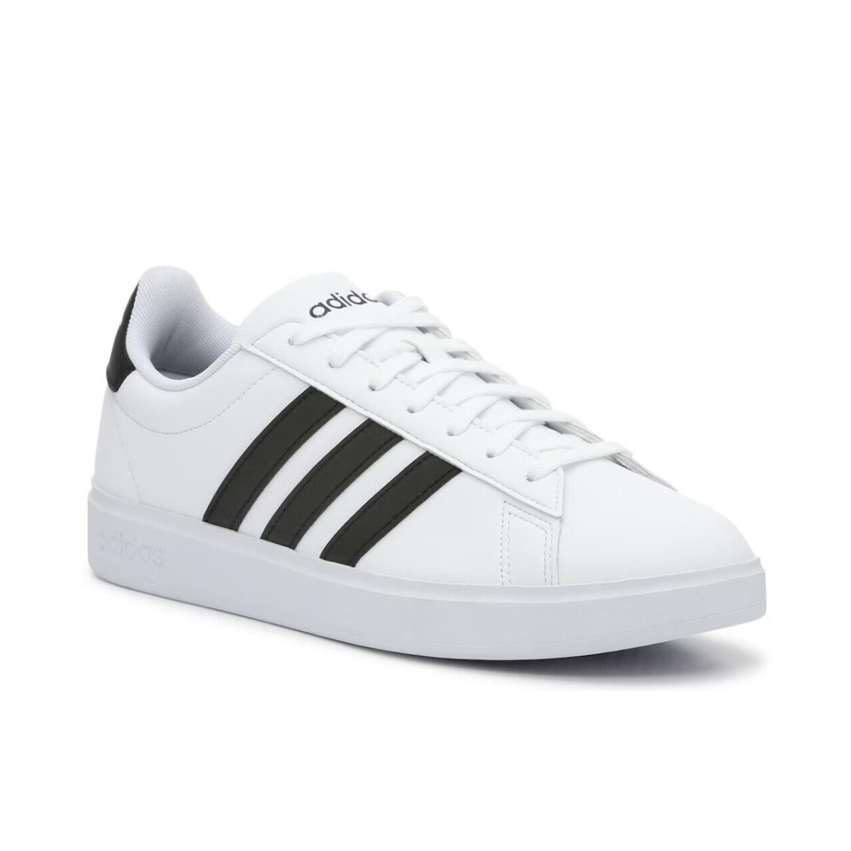 Mens Adidas Grand Court 2.0 White Black Leather Sneaker Shoes - White