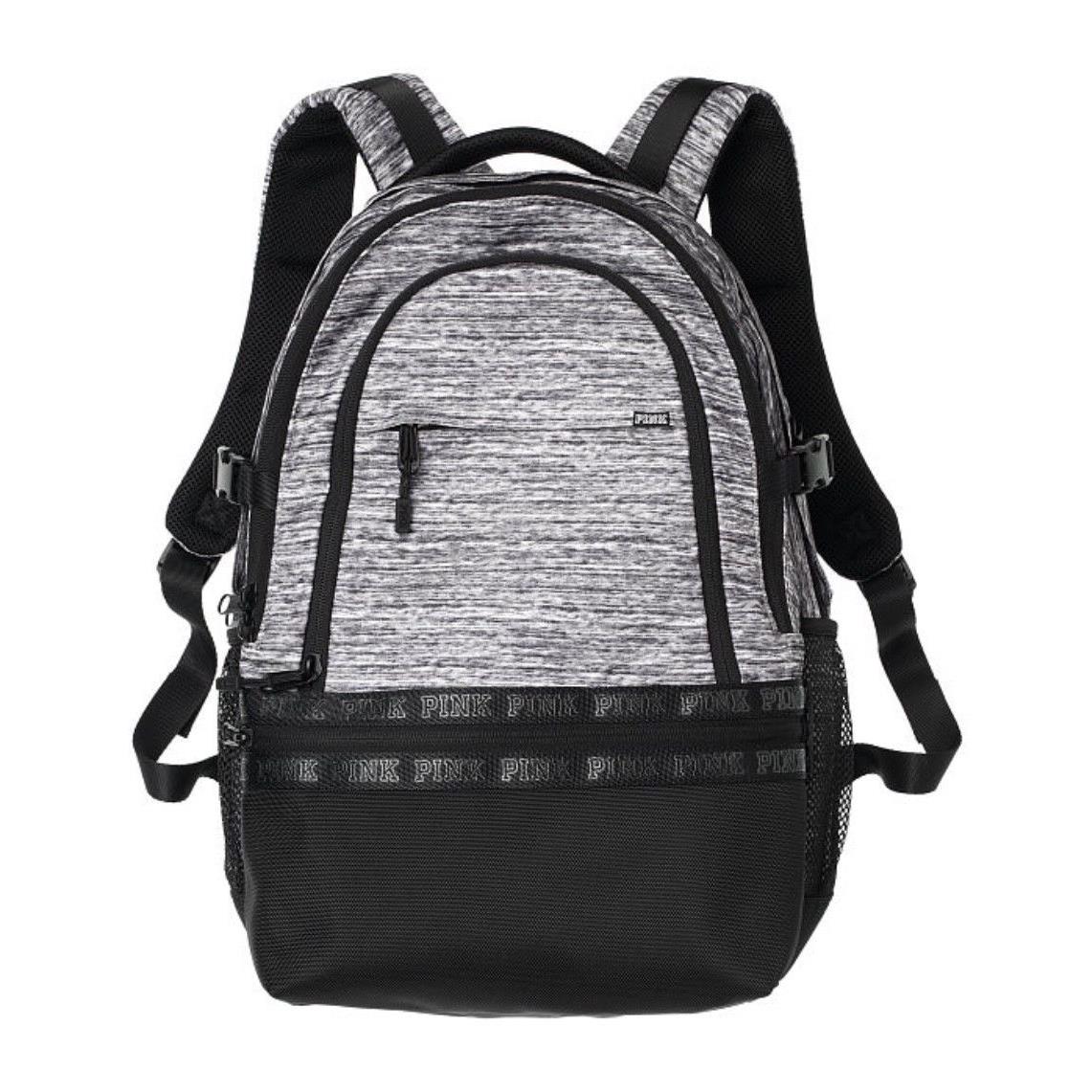 Victoria`s Secret Pink Marl Gray Collegiate Backpack Gym School Bag Full Size - Exterior: Grey