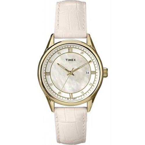 Timex Gold Tone Pink Leather Band Crystal White Mop Dial Classic Watch T2P403 - Dial: White, Band: Pink