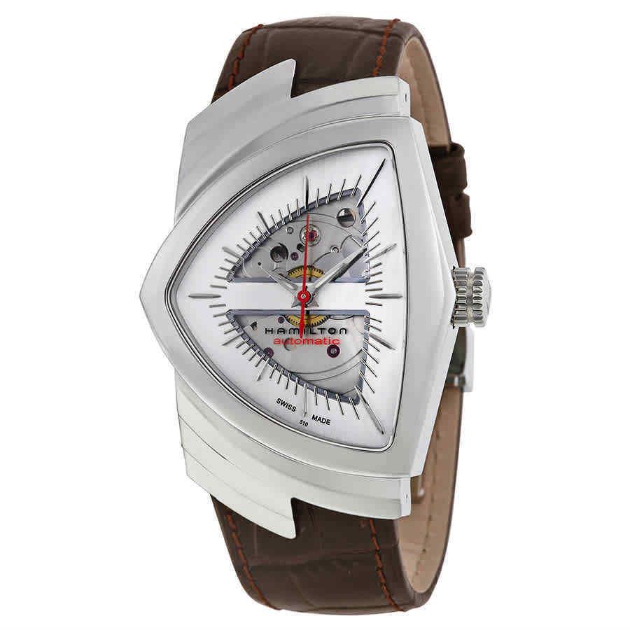 Hamilton American Ventura Automatic Shield Shaped Watch H24515551 - Dial: Silver, Band: Brown, Bezel: Silver