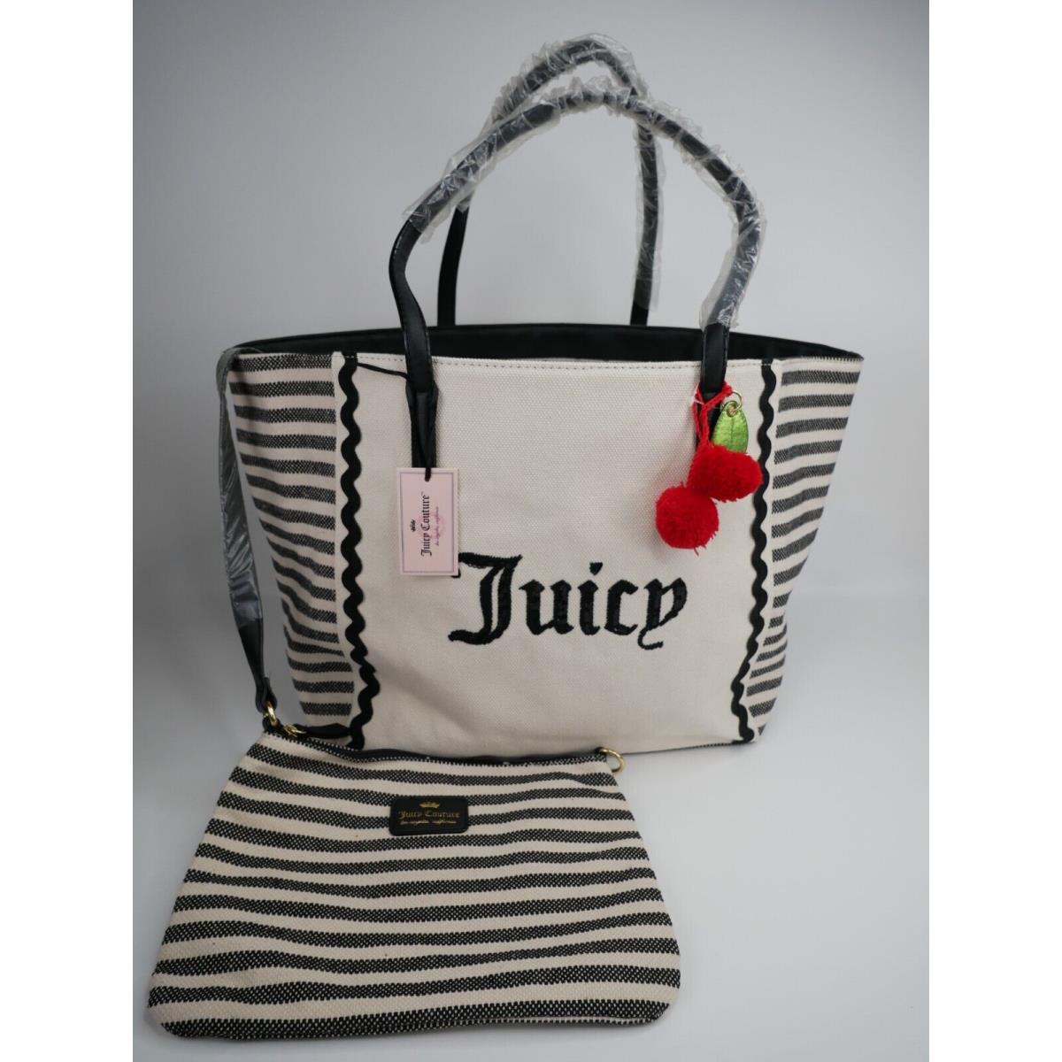 Juicy Couture Large Cabana Beach Tote Bag Purse Black Stripe Canvas Pouch