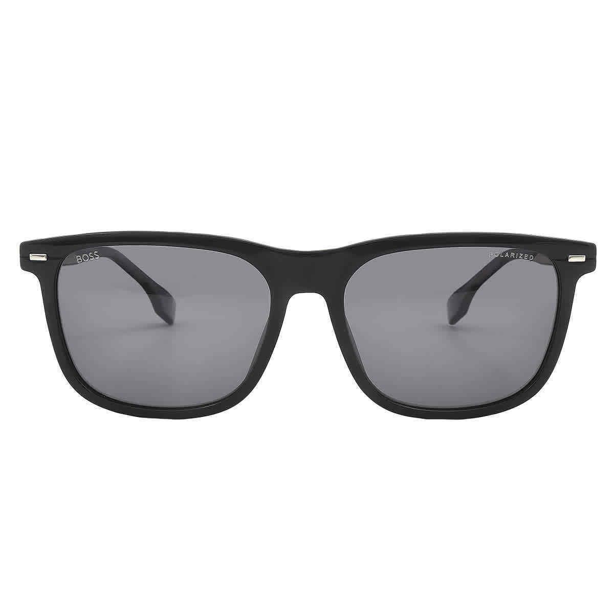 Hugo Boss Polarized Grey Square Men`s Sunglasses Boss 1402/F/S 0807/M9 58 - Frame: Black, Lens: Grey