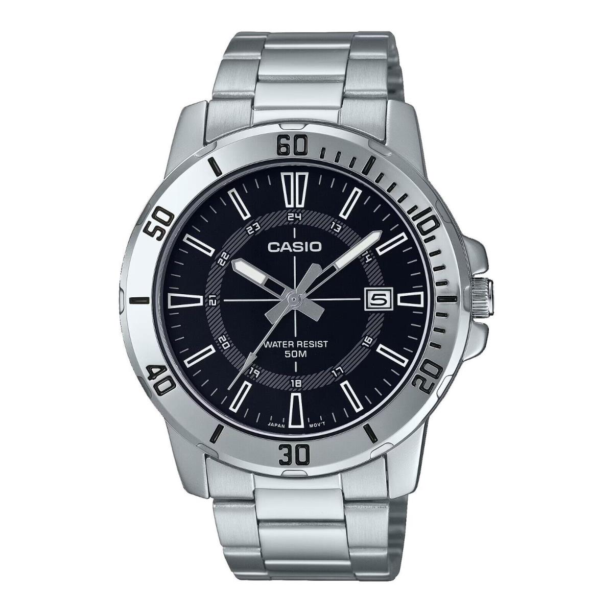 Casio MTP-VD01D-1CV Men`s Enticer Stainless Steel Black Dial Casual Sport Watch - Dial: Black, Band: Silver, Bezel: Silver