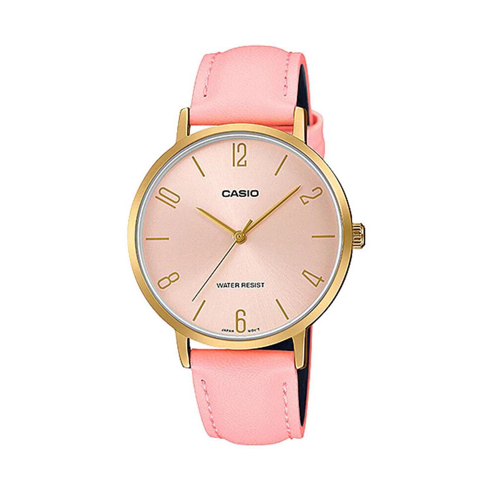 Casio LTP-VT01GL-4B Women`s Minimalistic Gold Tone Pink Leather Analog Watch