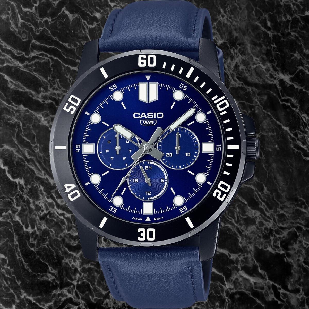 Casio MTP-VD300BL-2E Men`s Blue Dial Analog Watch Blue Leather Band - Dial: Blue, Band: Blue, Bezel: Silver