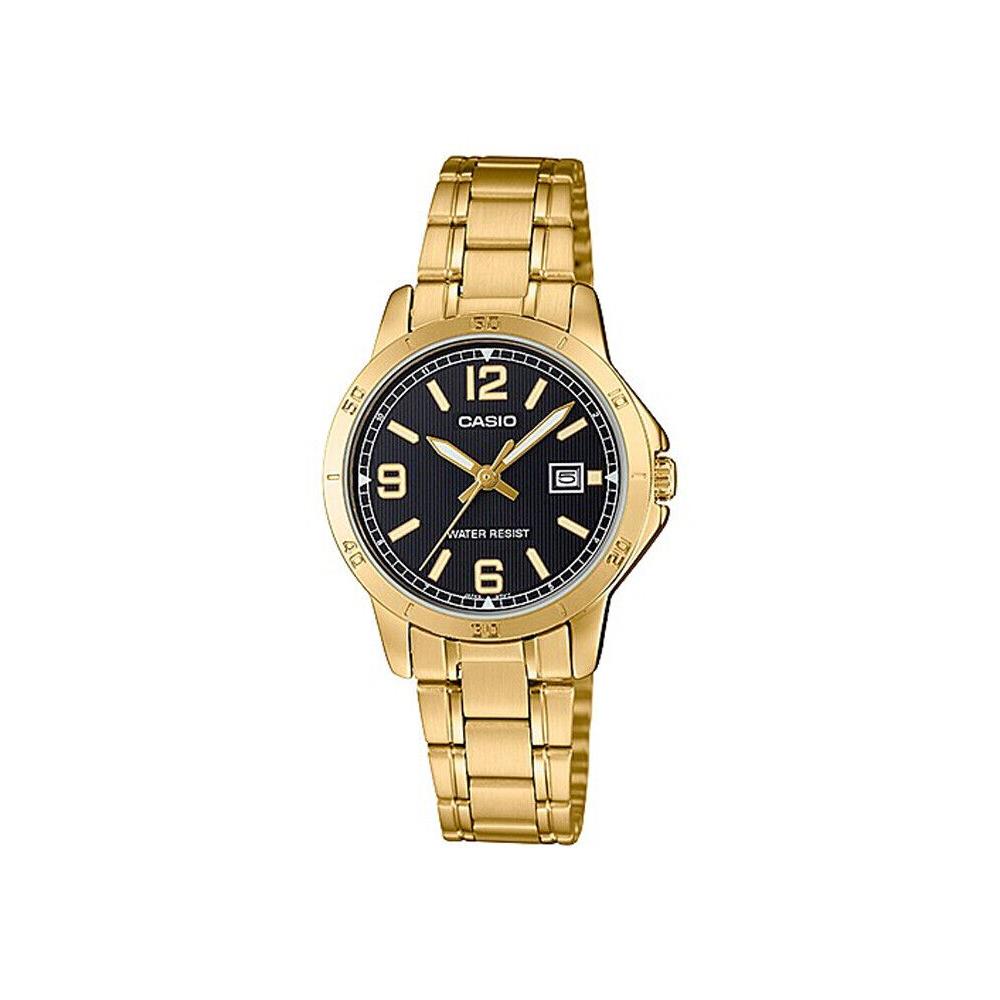 Casio LTP-V004G-1B Women`s Gold Tone Stainless Steel Black Dial Date Dress Watch - Dial: Black, Band: Gold