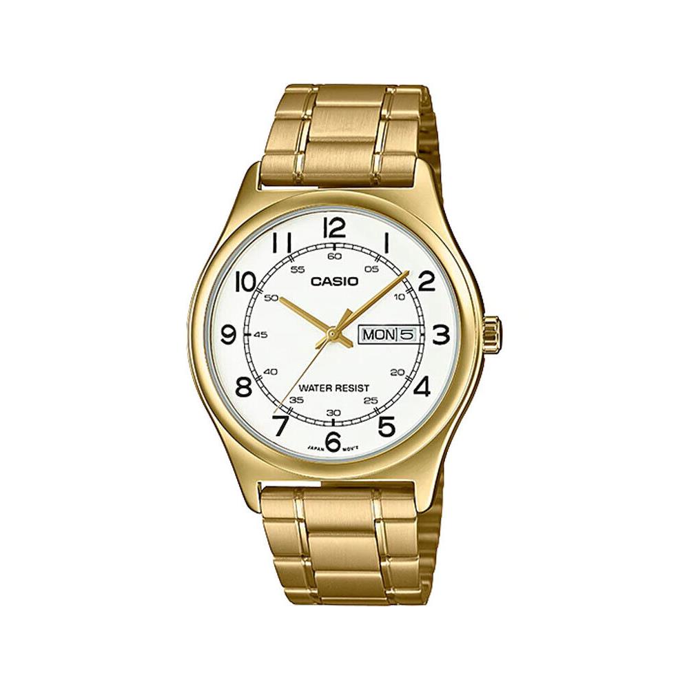 Casio MTP-V006G-7B Men`s Gold Tone Easy Reader White Dial Day Date Analog Watch