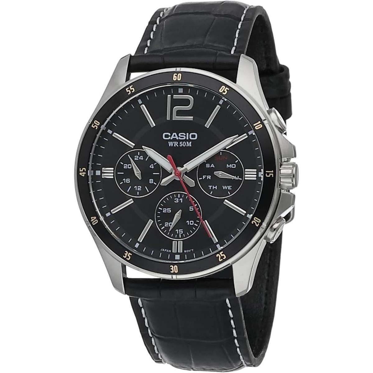 Casio MTP-1374L-1AVDF Men`s Multifunction Black Dial Leather Strap Watch 43mm