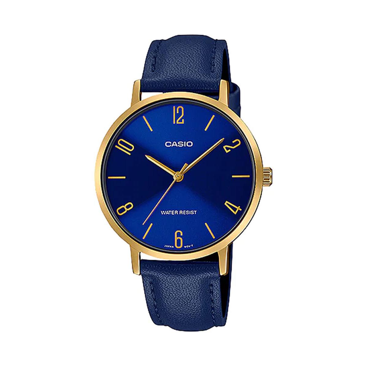 Casio LTP-VT01GL-2B Women`s Minimalistic Gold Tone Blue Leather Analog Watch