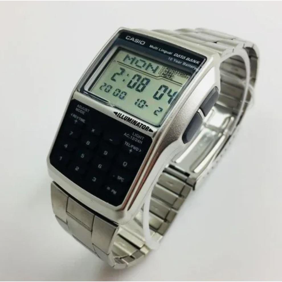 Casio DBC-32D-1A Databank Calculator Watch Silver 10-year Battery Dual Time - Dial: Gray, Band: Silver, Bezel: Silver