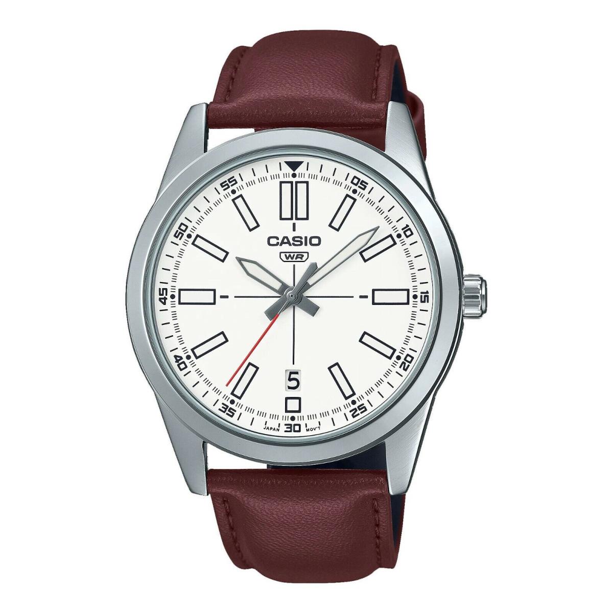 Casio MTP-VD02L-7E Men`s Dress Leather Band White Dial 3-Hand Analog Watch - Dial: White, Band: Brown