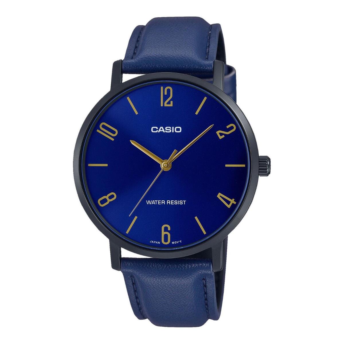 Casio MTP-VT01BL-2B Men`s Minimalistic Black IP Leather Band Blue Dial Watch