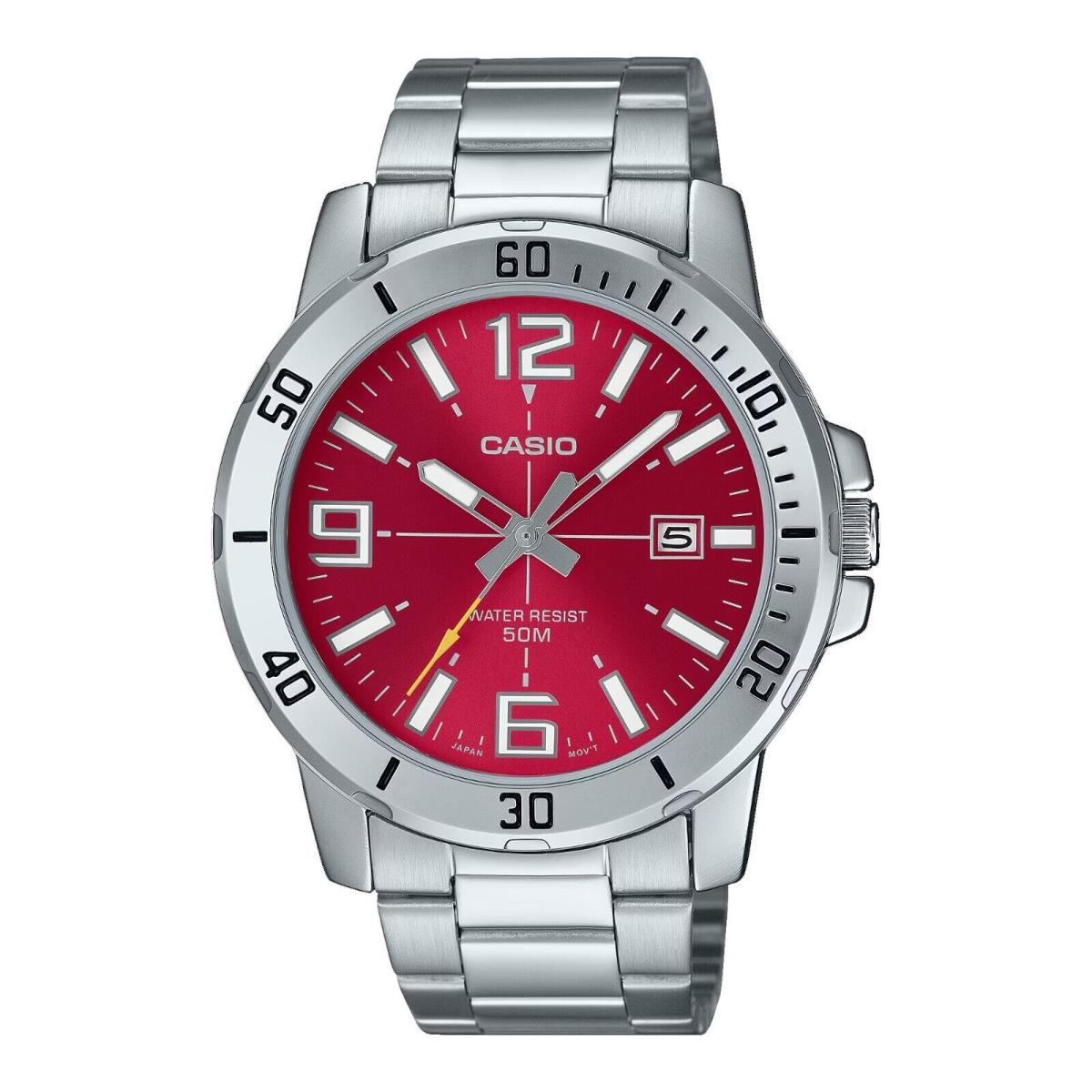 Casio MTP-VD01D-4BV Men`s Enticer Stainless Steel Red Dial Casual Sport Watch - Dial: Red, Band: Silver, Bezel: Silver