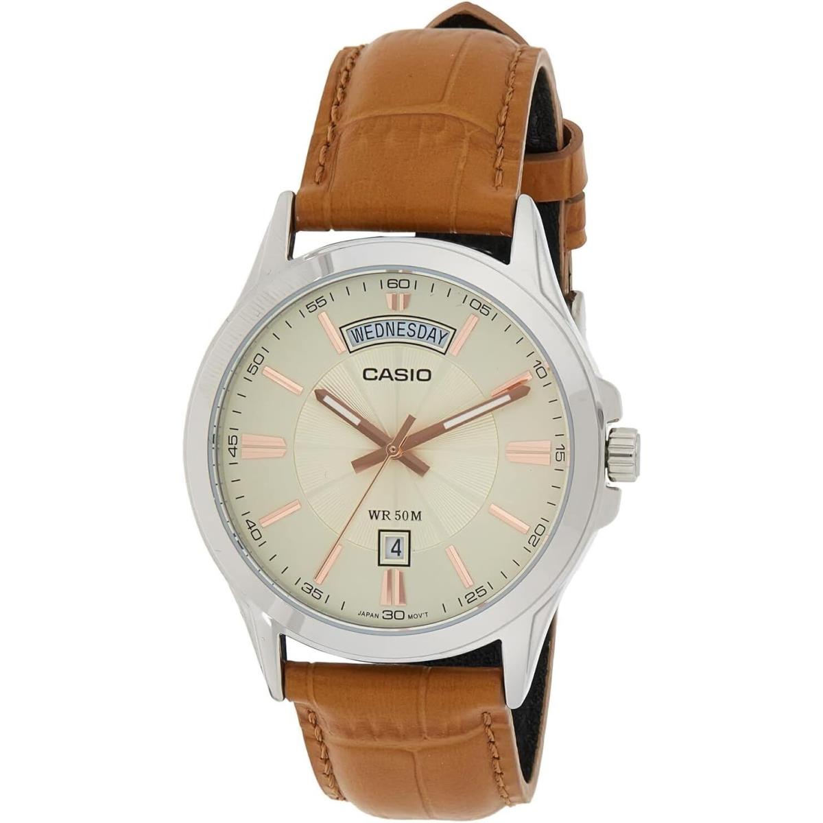 Casio MTP-1381L-9A Men`s Stainless Steel Leather Strap Day Date Gold Dial Watch