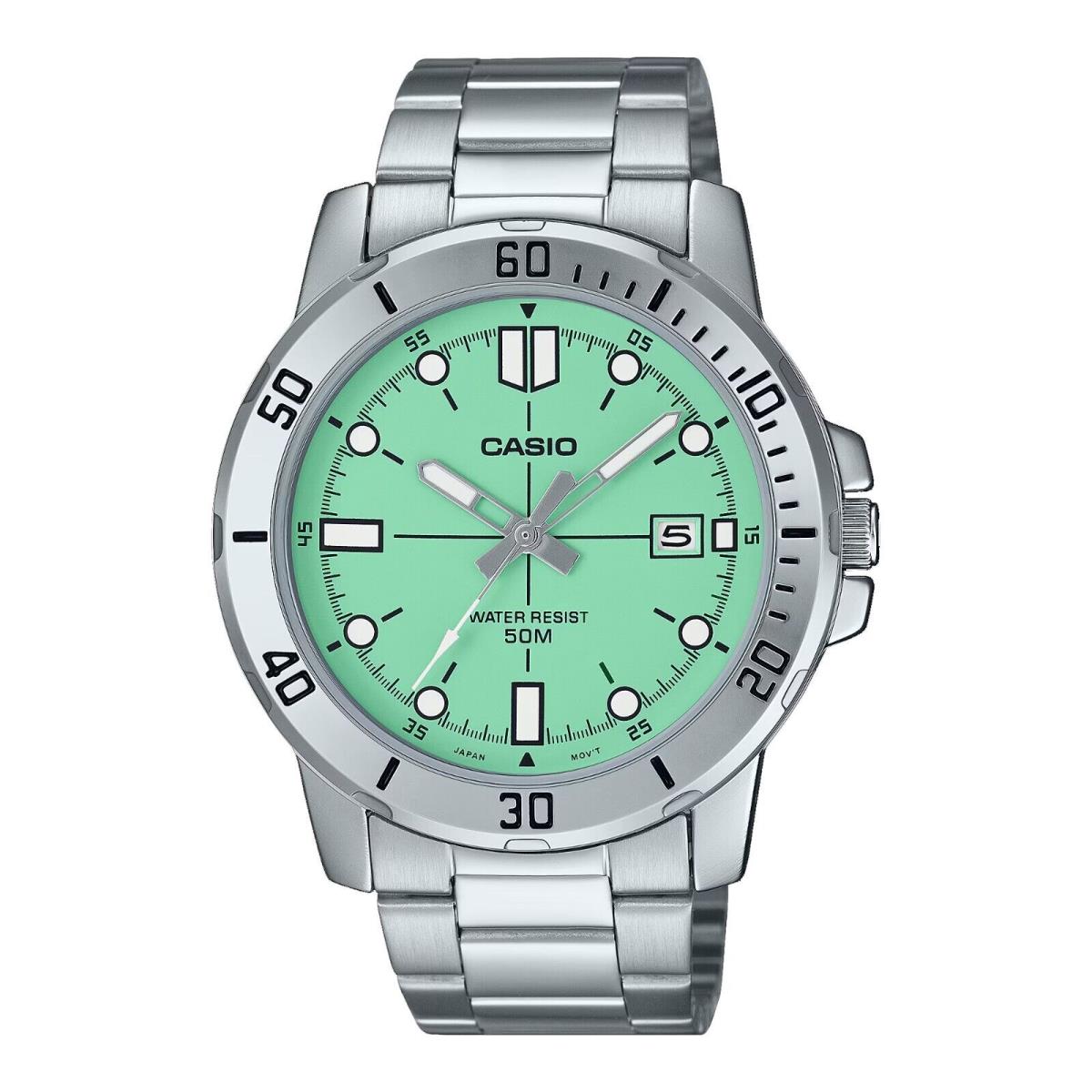 Casio MTP-VD01D-3E1V Men`s Enticer Stainless Steel Green Dial Casual Sport Watch - Dial: Green, Band: Silver, Bezel: Silver