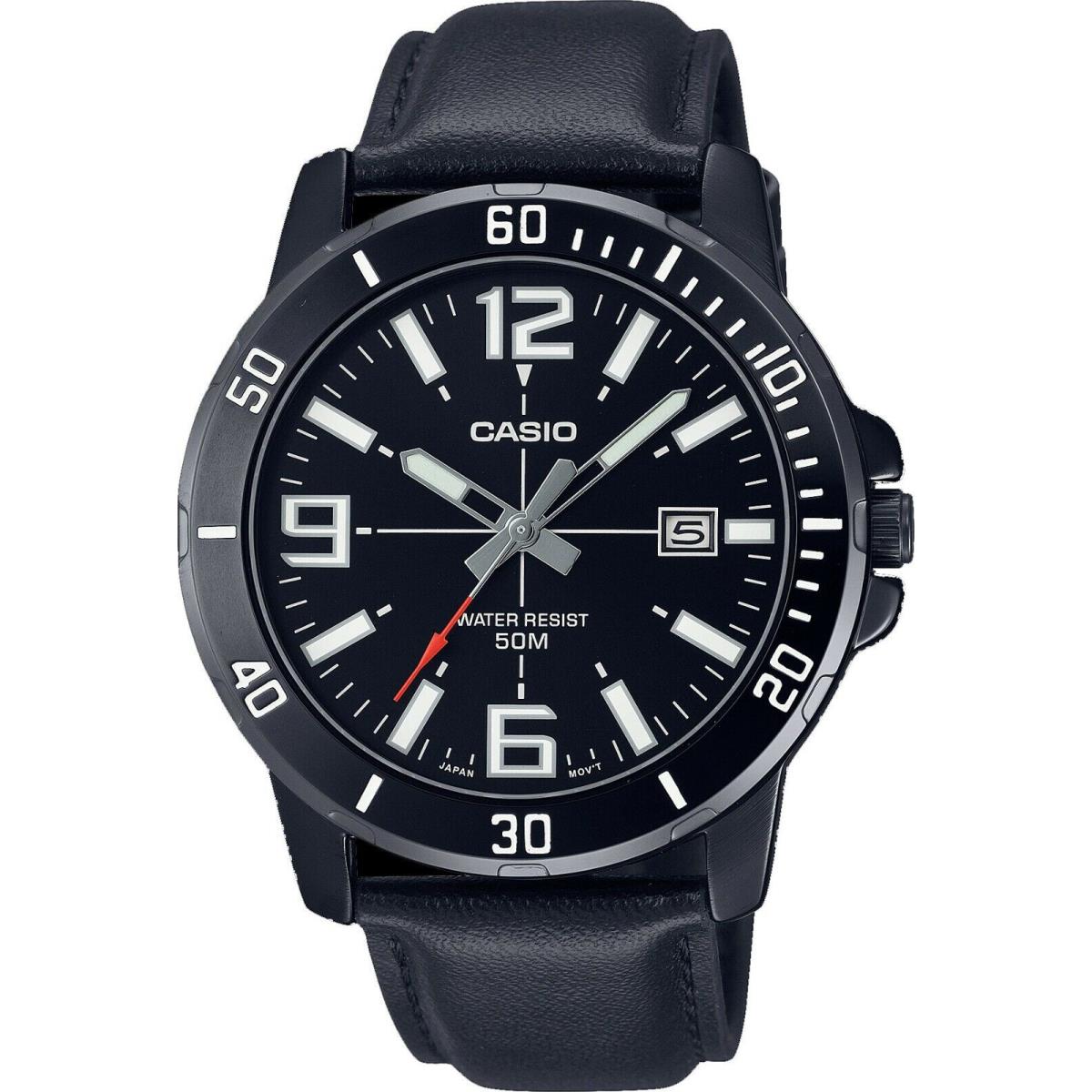 Casio MTP-VD01BL-1BV Men`s Enticer Black IP Leather Band Black Dial Analog Watch - Dial: Black, Band: Black