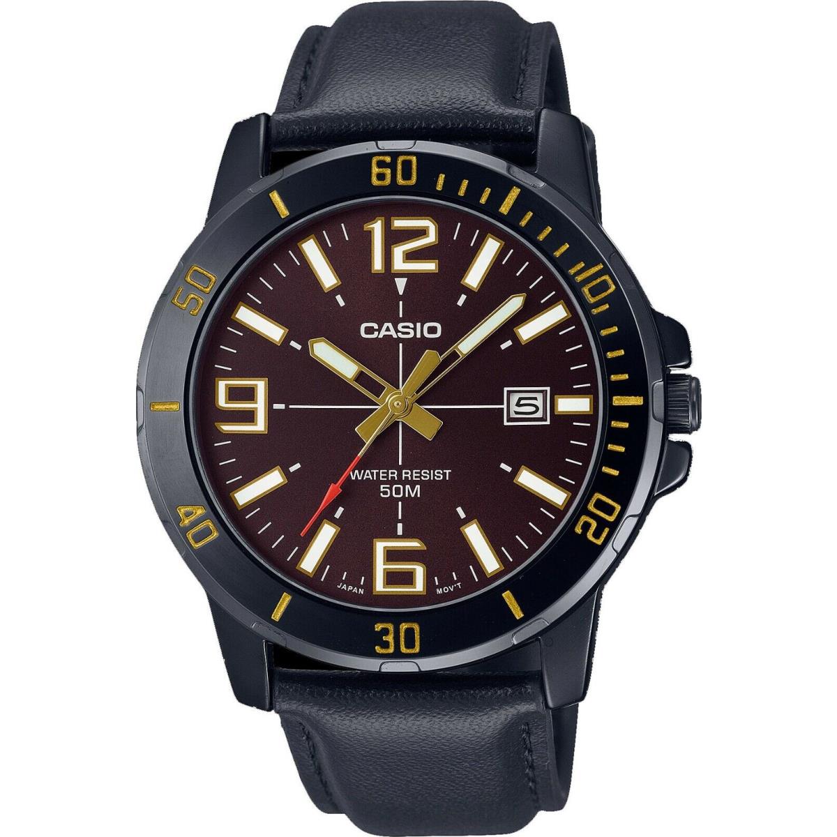 Casio MTP-VD01BL-5BV Men`s Enticer Black IP Leather Band Brown Dial Analog Watch