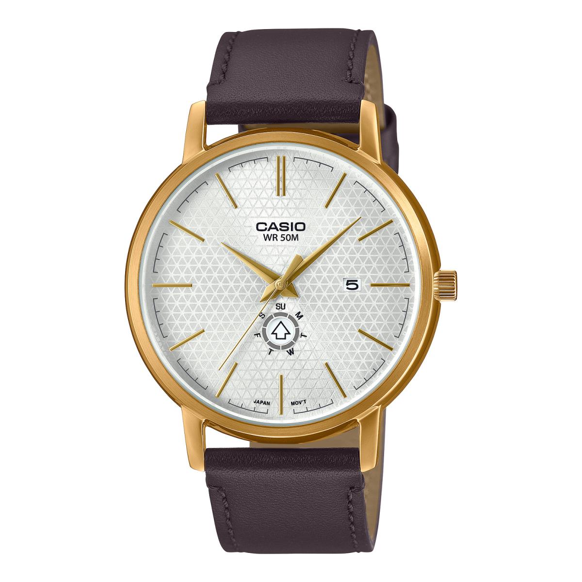 Casio MTPB125Gl-7AVDF Men`s Leather Analog White Dial Watch with Brown Band