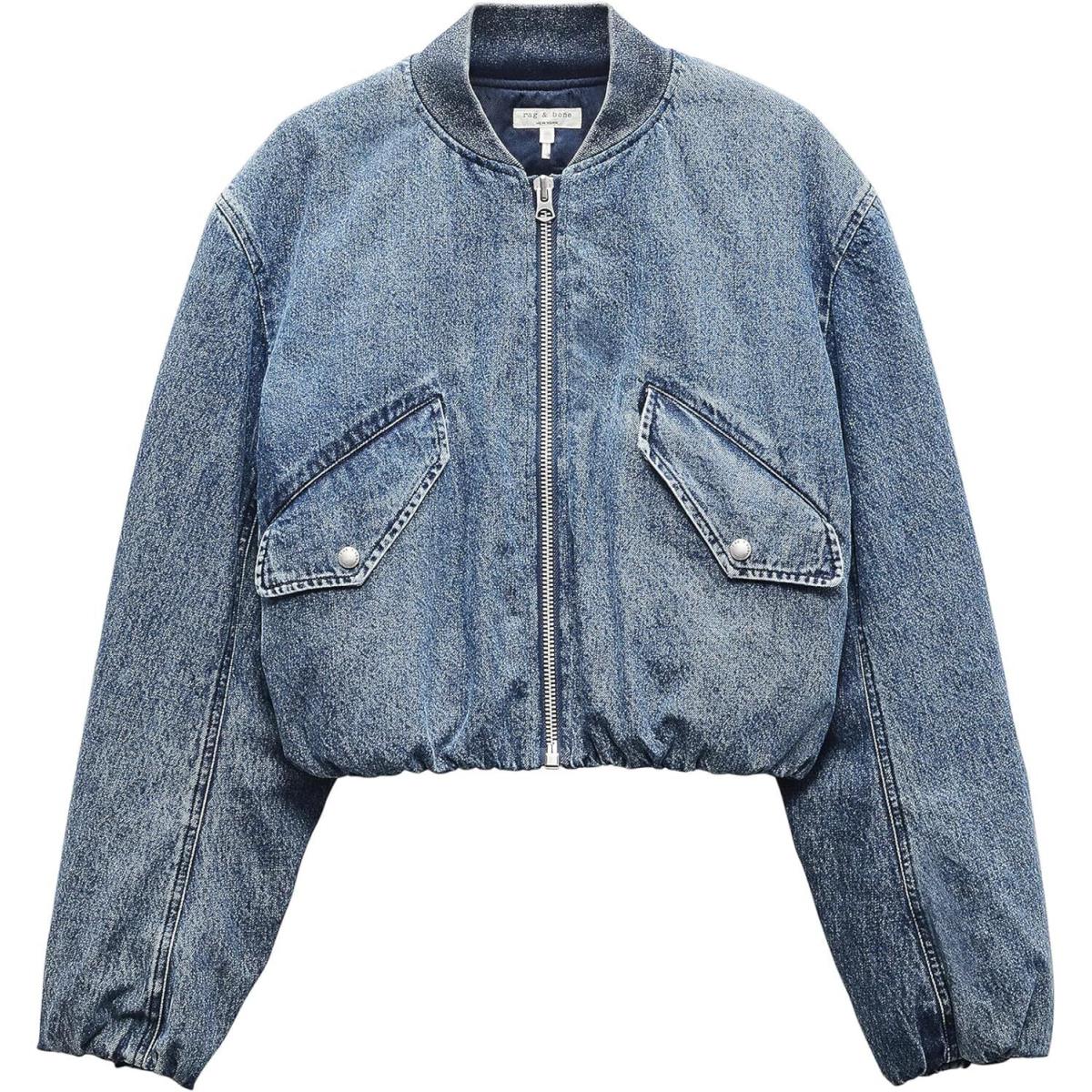 Rag Bone Women Bomber Jacket Maggie Long Sleeves Cropped Amara Blue Denim