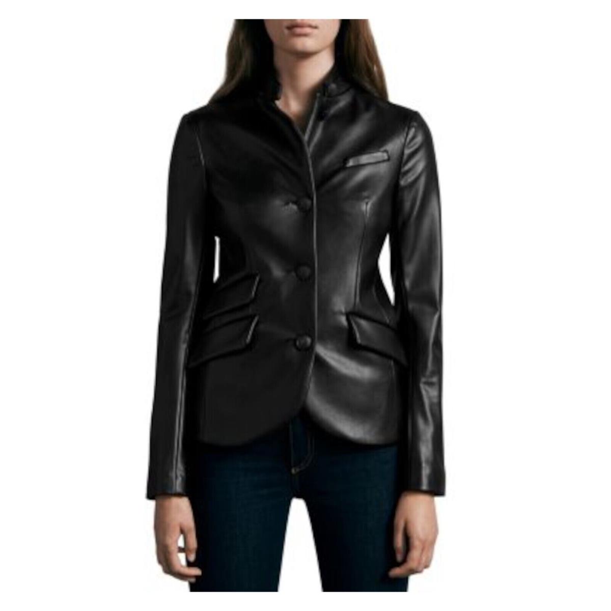 Rag Bone Womens Black Leather Pocketed Lined Stand Collar Blazer Jacket 0