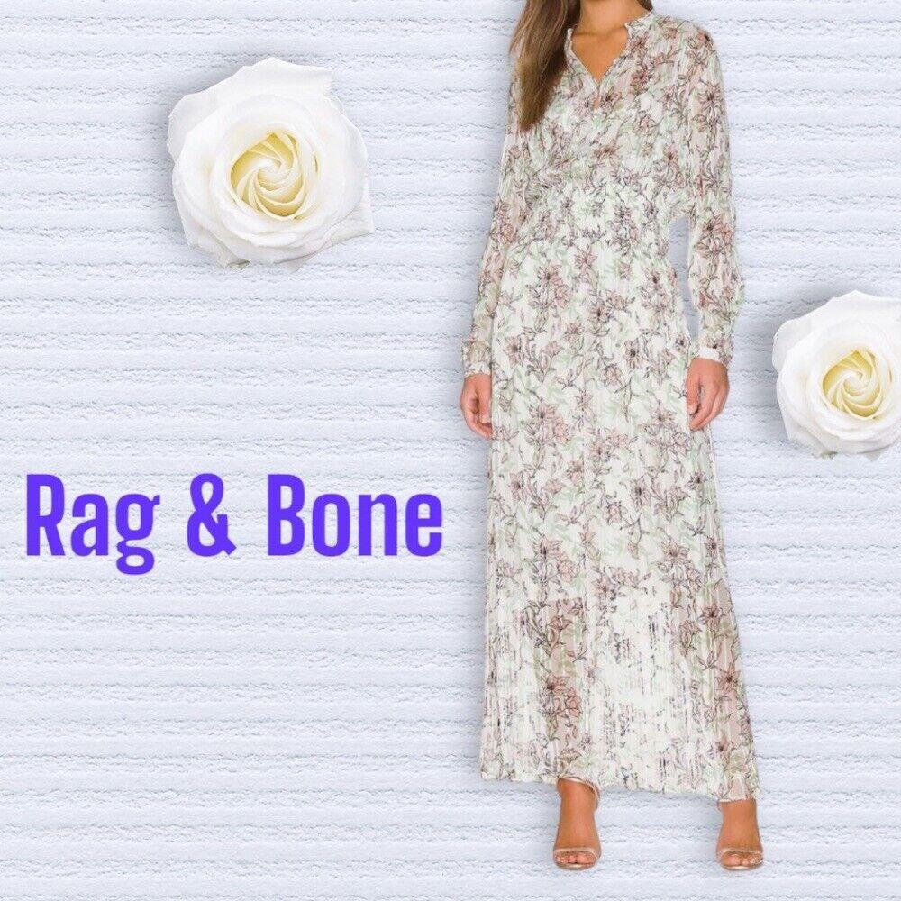 Rag Bone Women`s Calista Long Sleeve Chiffon Maxi Dress in White Floral Size M