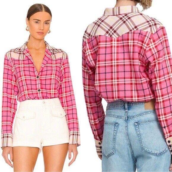 Rag Bone Jillian Plaid Shirt in Fuchsia Multi Size Medium